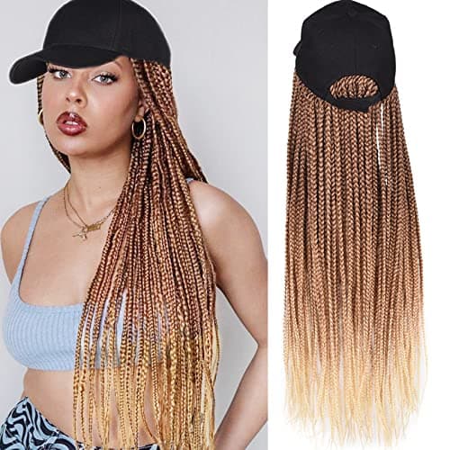 Yunkang Braided Baseball Cap Wig Box Braid Hair Extensions with Hat Ombre blonde Polyester braids Black Cap Wig with 24inch Long Braiding Hair for Women B70