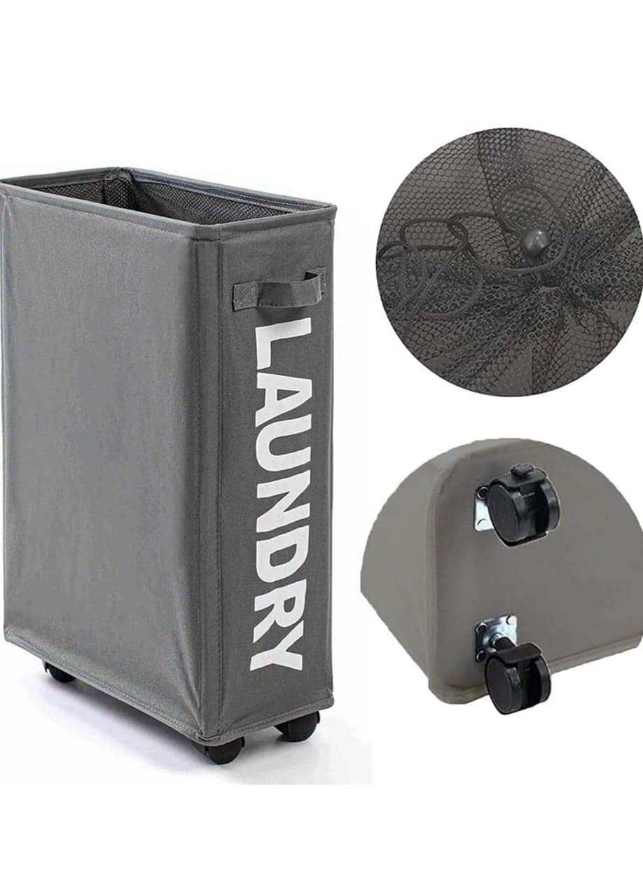 22" Rolling Slim Laundry Basket With Handle On Wheels, Foldable Laundry Hamper, Collapsible Laundry Sorter And Organizer, Tall Storage Basket Bin, Large Laundry Hamper, (Dark Grey)