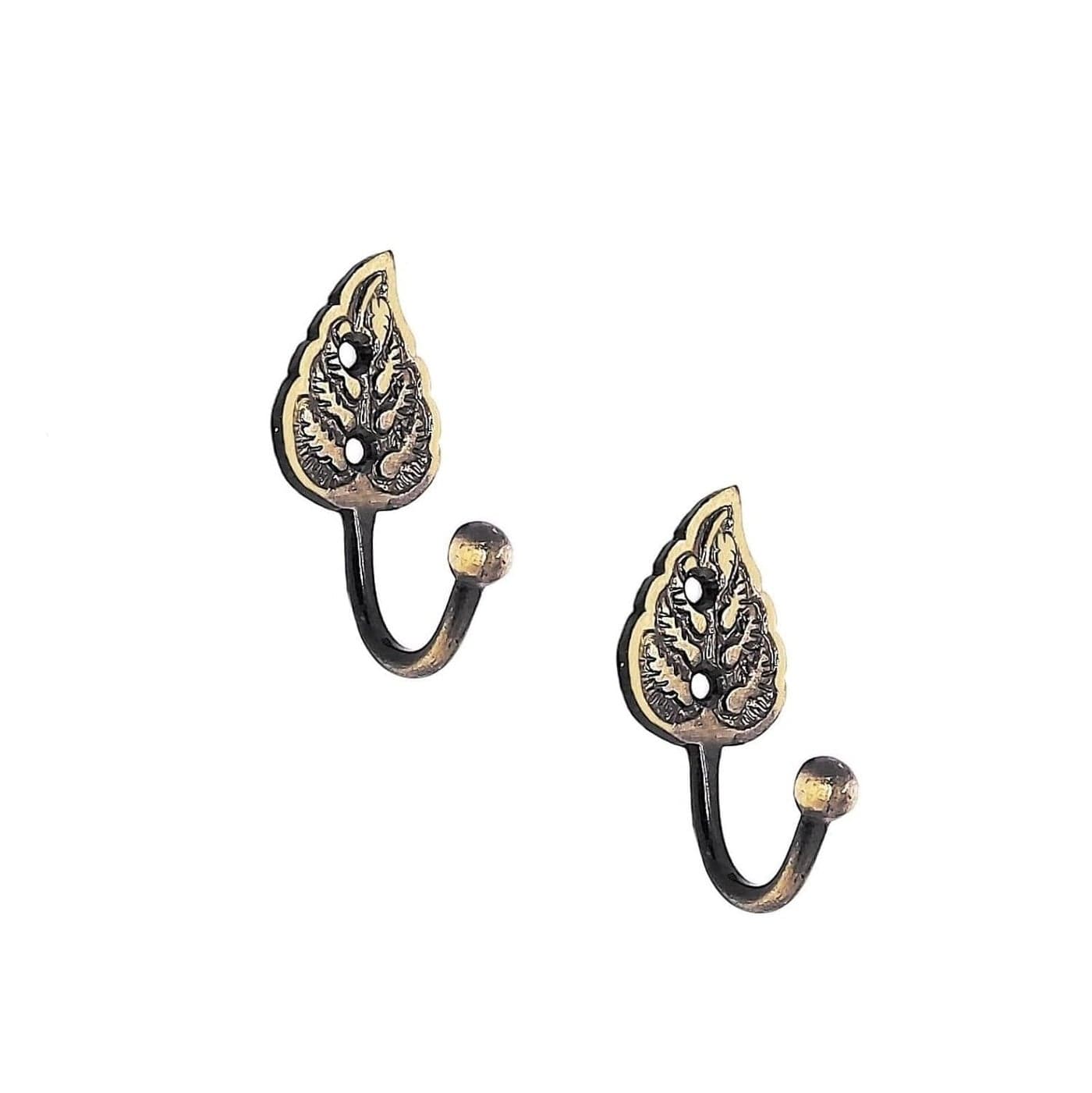 FAPBADRI Multipurpose Hooks Used to Hang Clothes Bags Coats Curtain Hold Backs Keys Colour Antique Gold Material Brass Leaf Design Screws and Wallplugs Included Pack of 2 Pieces