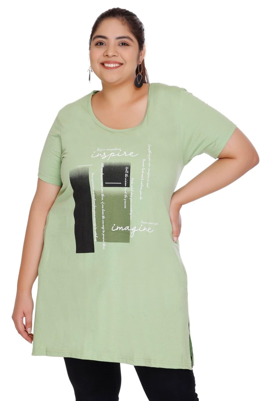 CUPID Regular Fit Plus Size Cotton Round Neck Half Sleeve T-Shirt, Plus Size Night, Sleep, Daily Use Gym n Lounge Wear Long Tops for Women_Green_5XL