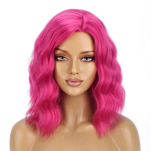 BERON 14 Inches Hot Pink Wig Short Curly Bob Wig Hot Pink Wigs Charming Women Girls Beach Wave Wigs for Daily Part Hairnet Included