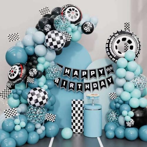 Race Car Balloon Arch Kit Blue Race Car Party Decorations with Banner Checkered Flags Tire Checkered Foil Balloons for 2nd Birthday Racing Theme or Race Car Birthday Party Decorations
