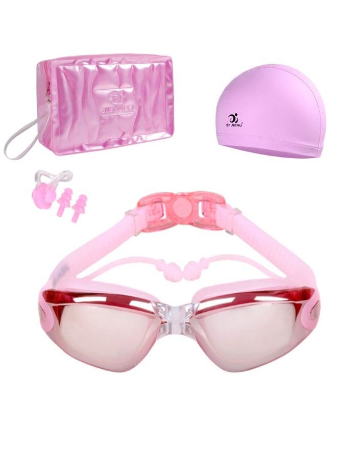 Swimming Goggles Storage Bag, 6 In-1 Swimming Glasses, Nose Clip with Earplugs and Swimming Cap, Anti- Fog Swimming Goggles, Waterproof, Portable, for Women/Girl(Pink)