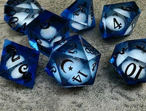 Star Moon Liquid Core Sharp Edge Crystal Dice Set for Dungeons and Dragons Polyhedral RPG Tabletop Dice Nebula MoonBlue