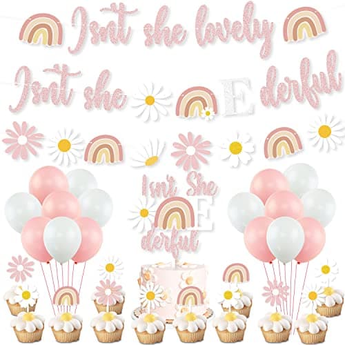 Boho Summer Daisy 1st Birthday Party Decorations Pink Isnt She Lovely Isnt She Onederful Daisy Rainbow Banner Cake Cupcake Toppers Balloon for Girl Hippie One Year Old First Birthday Party Supplies