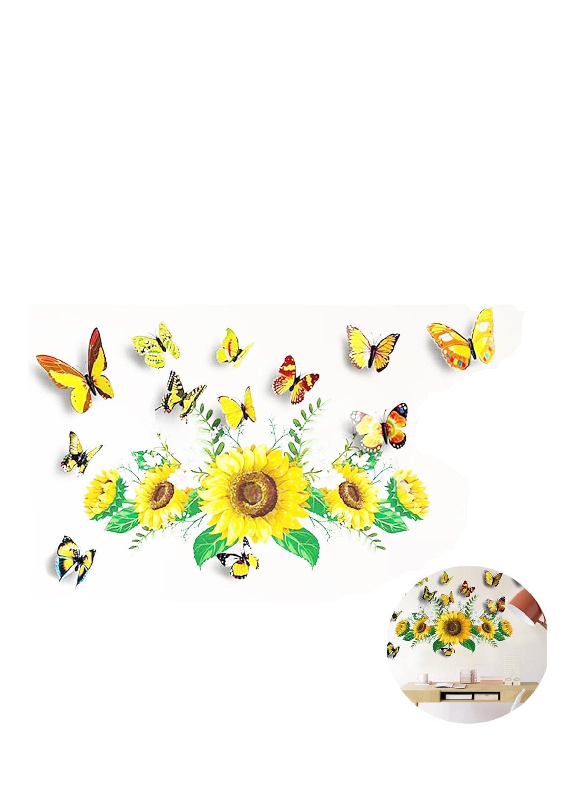 3D Wall Stickers Sunflower Butterfly Wall Decal Waterproof Removable for Kids Bedroom Living Room Bathroom Art Decor Home Decoration Indoor Outdoor 13PCS