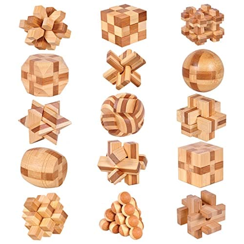 VolksRose 15pcs Wooden Brain Teaser Puzzles IQ Challenge Puzzle Games Logic Smart Mind Puzzle Box Lock Toy Removing Assembling 3D Small Puzzle Gift Set for Adults Teenagers Kids 18inch 45cm