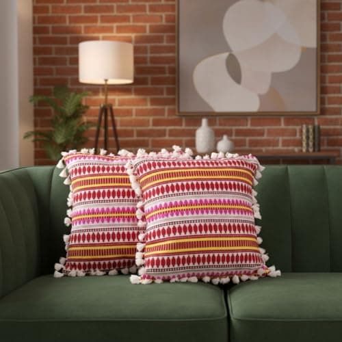 STITCHNEST Geometric Woven Cushion Covers with Tassels | Set of 2 | Red | 24 x 24 Inches | Decorative Sofa & Living Room Cushion Covers