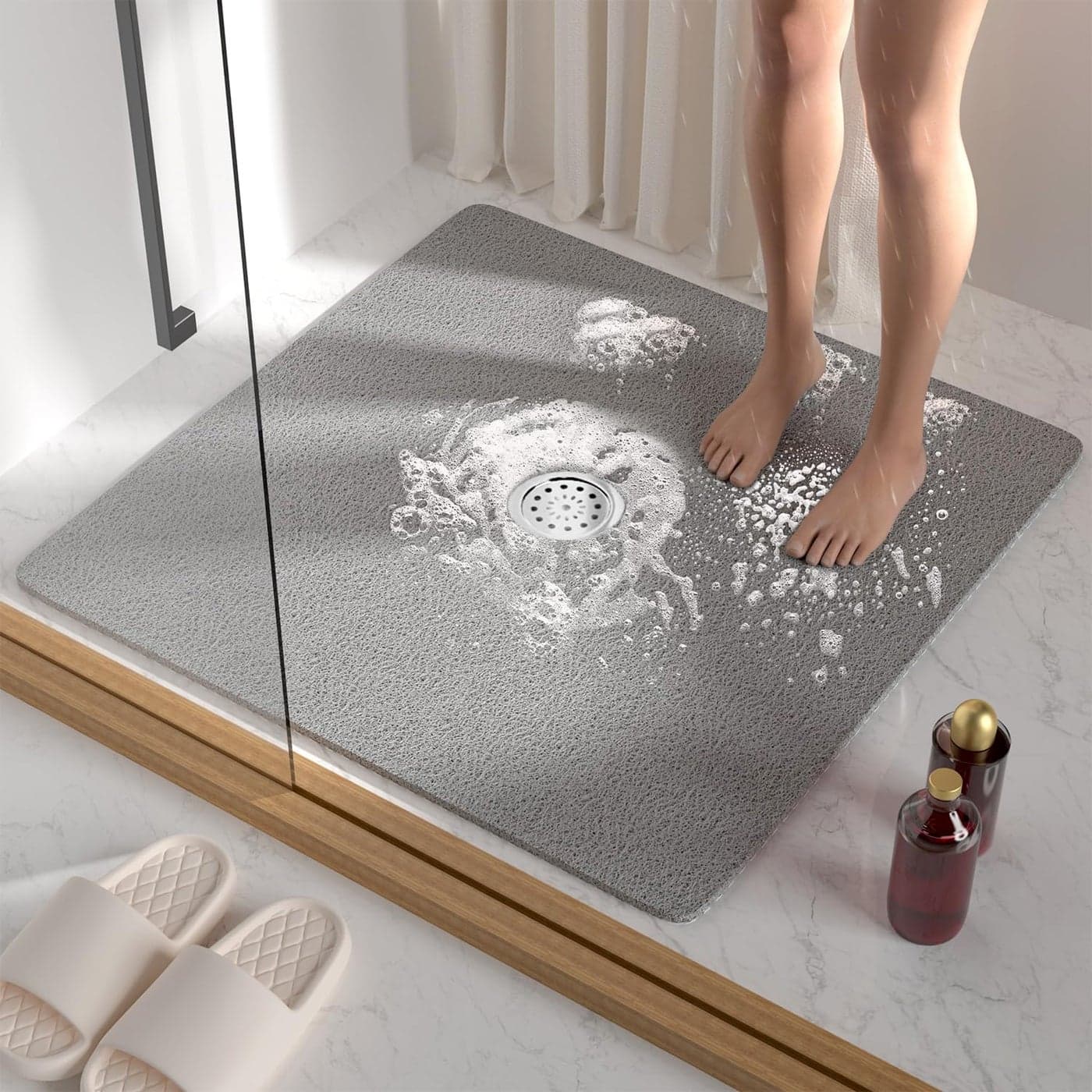 HITSLAM Square Shower Mat 27 x 27 Inch Non Slip Bath Mat for Tub Soft PVC Loofah Bathtub Mats with Drain Holes Quick Drying Bathroom Stall Floor Mat Bathroom Accessories Without Suction Cup Grey