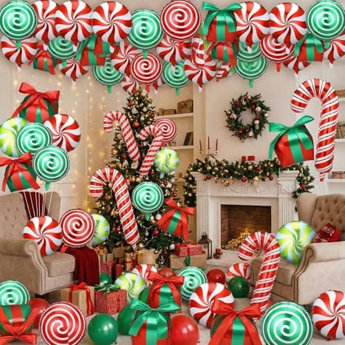 Arrowbash 72 Pcs Christmas Balloons Decorations Set Candy Cane Gift Box Foil Balloons Set Red and Green Lollipop Decorations for Christmas Xmas Theme Birthday Holiday Party