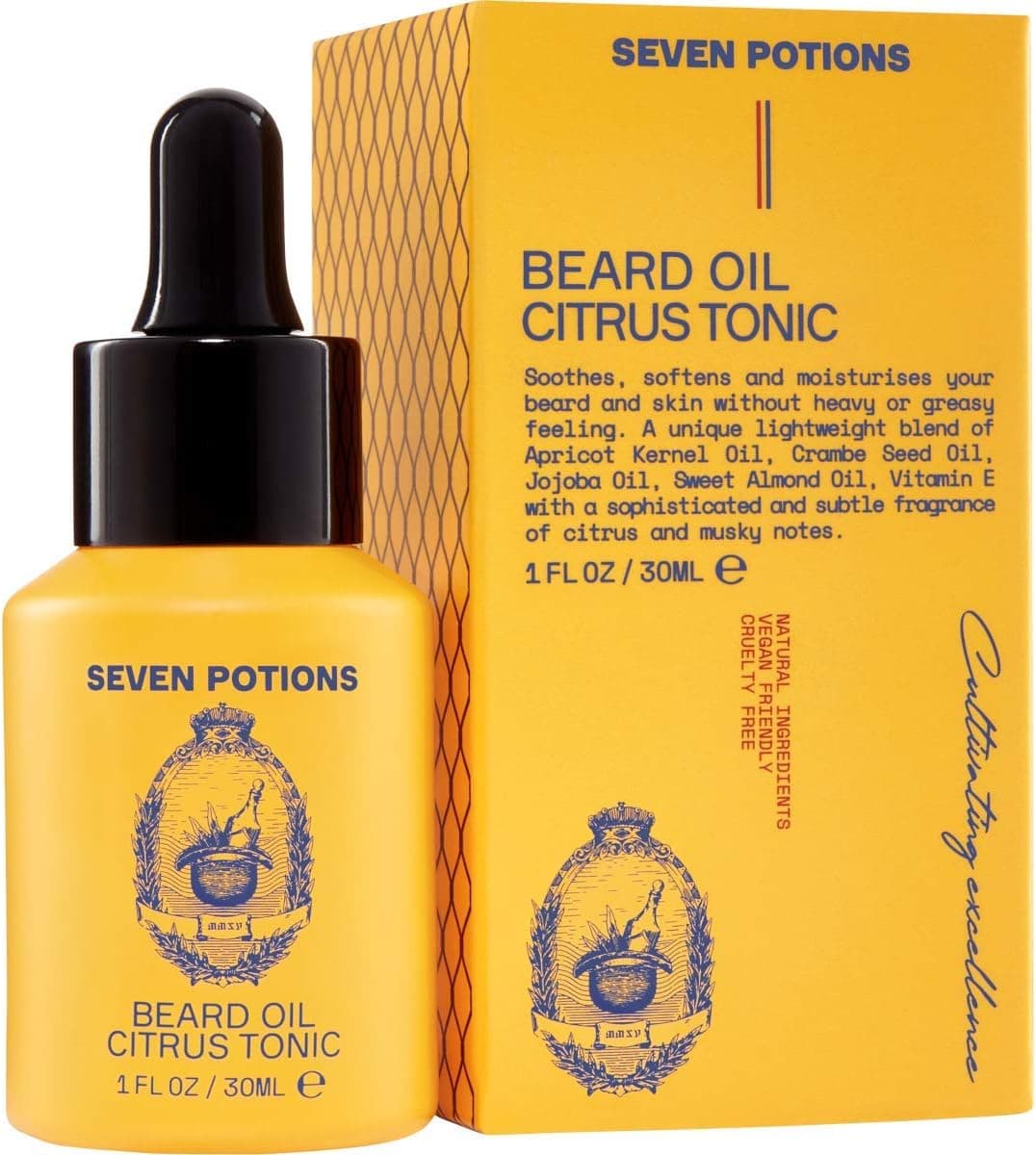 SEVEN POTIONS Beard Oil 1 fl oz Gentle Beard Softener. Stops Beard Itch. 100% Natural, Beard Conditioning Oil With Citrus Scent & Jojoba Oil (Citrus Tonic)