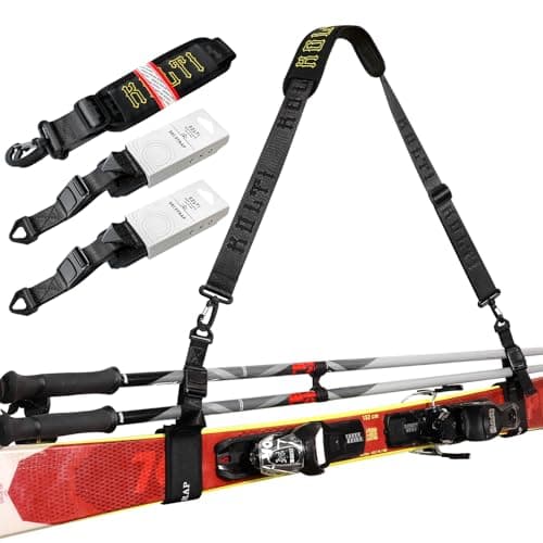 Kolti Ski Strap & Pole Carrier, Adjustable Shoulder Straps Features Cushioned Shoulder Pad & Strong Buckle, Great for Families - Men, Women and Kids - Black