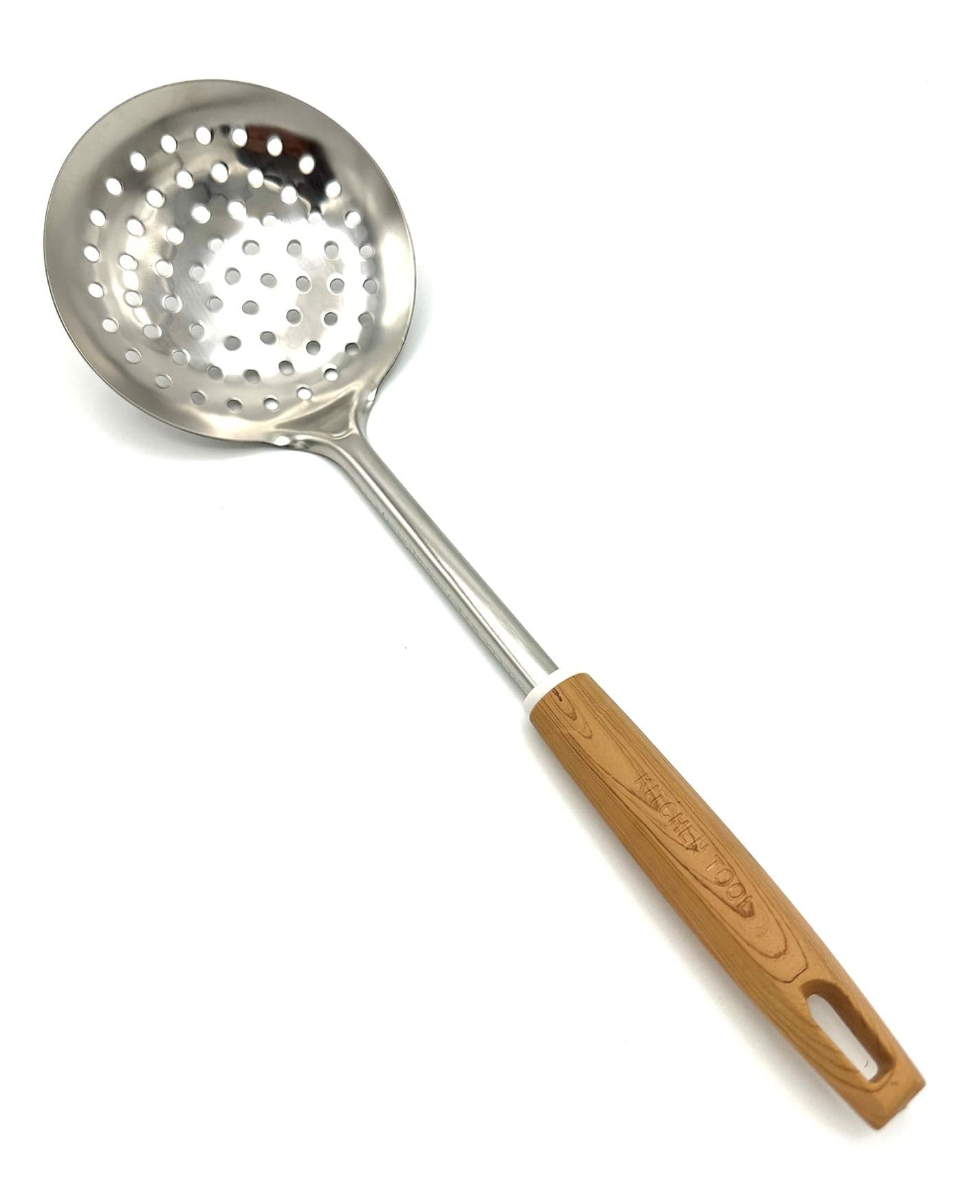 TIJAR Skimmer Slotted Spoon Ladle with Holes Stainless Steel with Nylon Wood Effect Handle Kitchen Cooking and Frying Spoon Strainer Oil Colander
