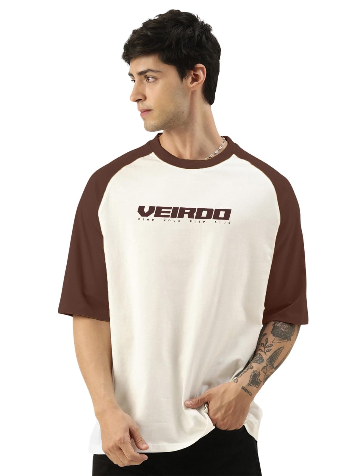 Veirdo® 100% Pure Cotton Oversized Loose Baggy Fit Drop Shoulder Round Neck Cool Front Chest Typographic Logo Printed Raglan Sleeve T-Shirt for Men (OS_VR_BRN_SW_S)