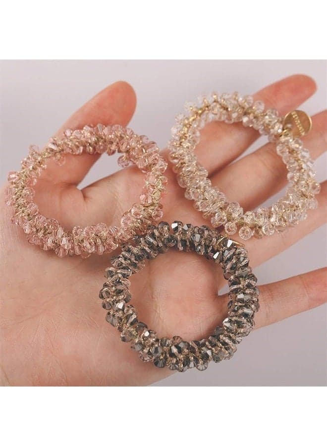 Hair Ties White Elastic Hair Scrunchies Crystal Hair Bands Bead Ponytail Holders Hair Accessories for Women and Girls (Pack of 3)
