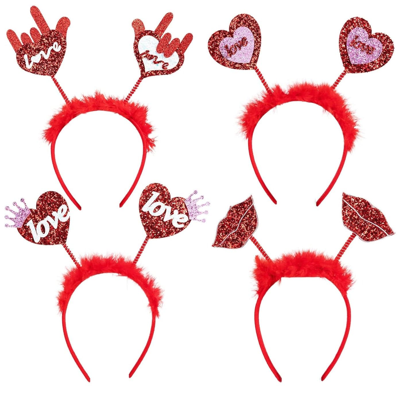 Whaline 4Pcs Valentines Day Headbands Glitter Red Heart Lip Bopper Headband Love Hair Hoop Head Bopper Holiday Hair Accessories for Valentines Day Wedding Birthday Party Favor Gift Photo Booth
