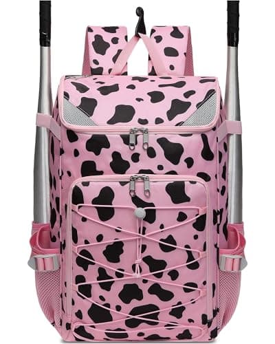 FOKDUVB Baseball Softball Equipment Bag for Boys Girls Ages 812 1012 1214 Large Kids Youth Bat Bag Backpack with Ventilated Shoe Compartment Baseball Softball Stuff Supplies Pink Cow Print