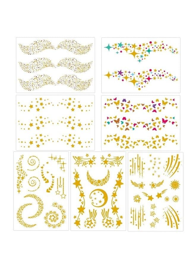 7sheets Face Tattoo Sticker Metallic Temporary Transfer Tattoo Waterproof Face Jewel s for Women Girls Make Up Dancer Costume Parties, Shimmer Glitter Designs Gold Tattoos