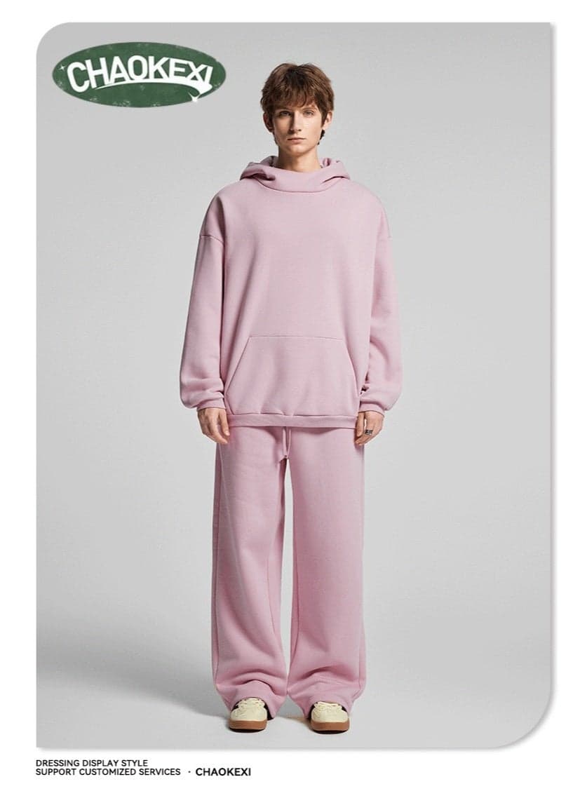 American Retro Men's Fleece-Lined Hoodie Set, Autumn/Winter Street Style Loose-fitting Hoodie Two-Piece Set, Sporty Casual High-Neck Warm (Pink)