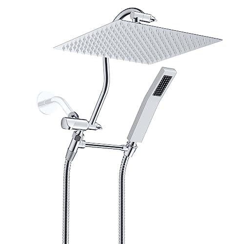 Hibbent All Metal Shower Head, 12'' High Pressure Rainfall Shower Head, Showerhead Combo, Handheld Shower Wand, 12'' Adjustable Curved Shower Extension Arm, 71'' Hose, Shower Head Holder, Chrome
