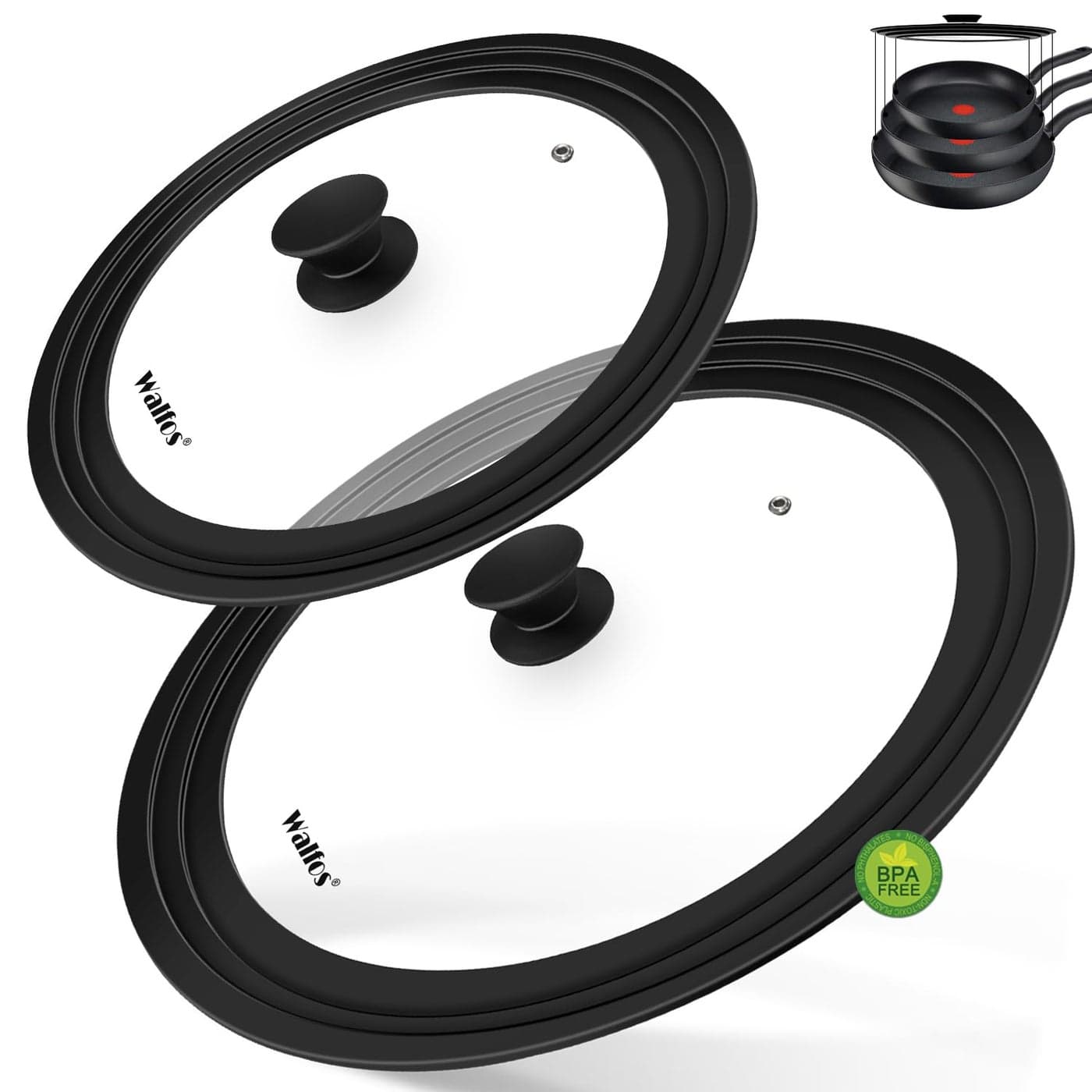 Walfos Universal Lid Tempered Pan Lid with Heat Resistant Silicone Rim Fits All 7 to 12 Diameter Cookware Pots Pans and Skillets 2Pk