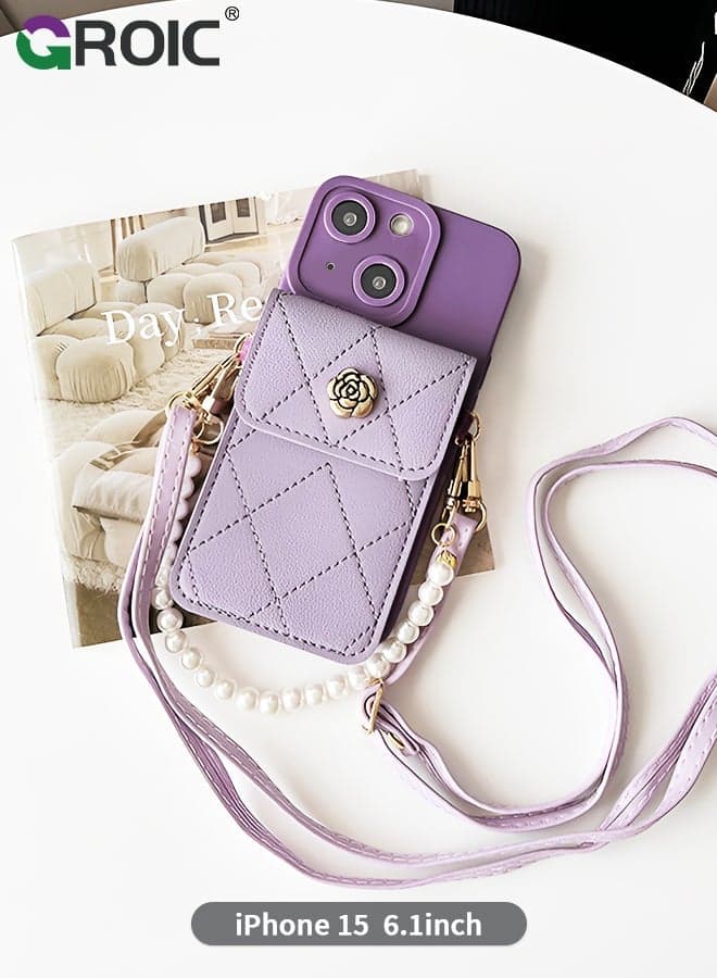 Compatible for iPhone 15 6.1 Inch Case with Credit Card Holder Crossbody Wallet, Leather Luxury Flip Protective Phone Holder, Removable Fashionable Shoulder & Wristlet Strap