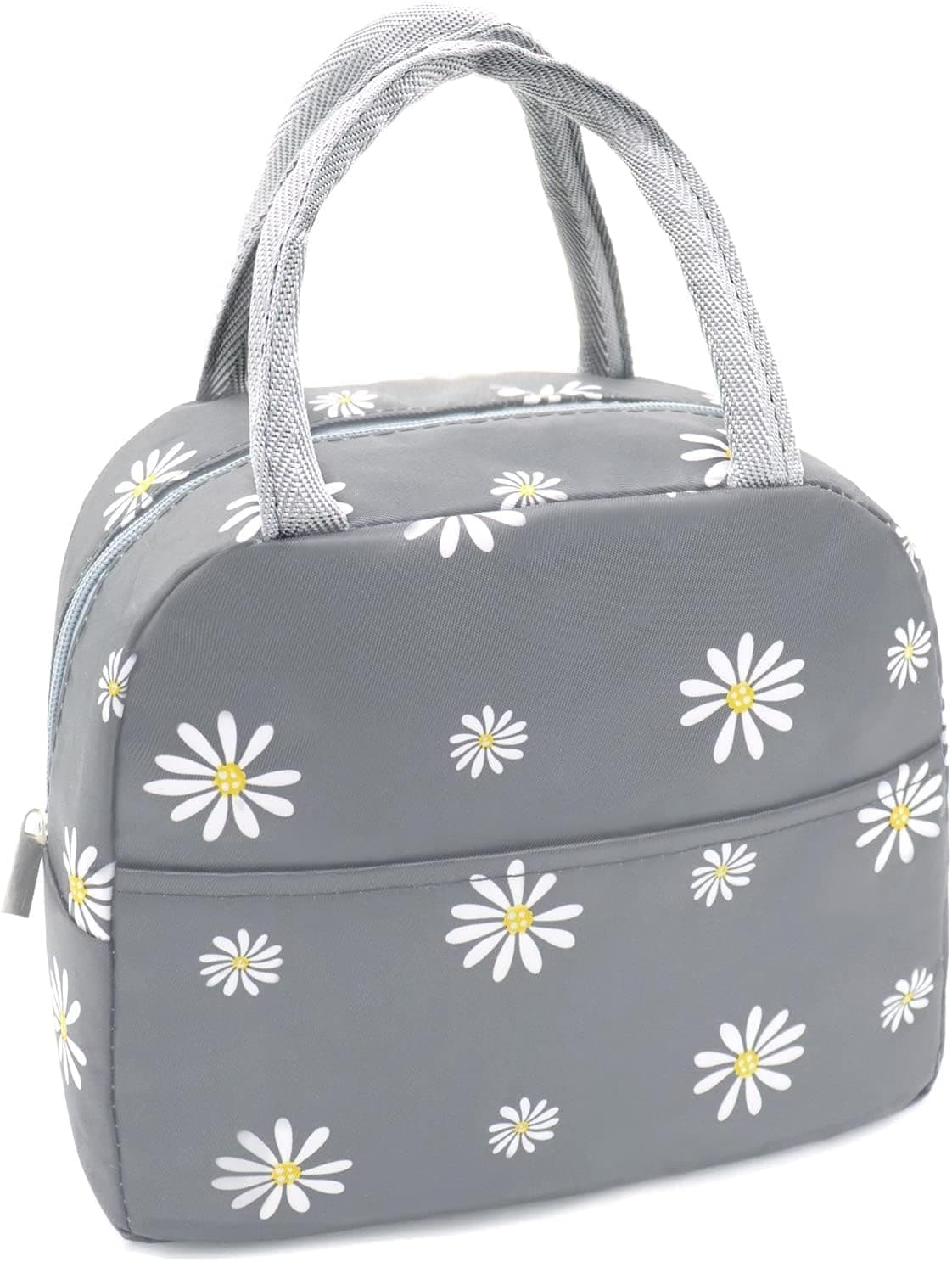Insulated Lunch Bag, Reusable Cute Floral Tote Lunch Box, Leakproof Cooler Bag for Work, Office, School, Travel & Picnic, Waterproof Fabric with Aluminum Foil Lining (Grey with Daisy)