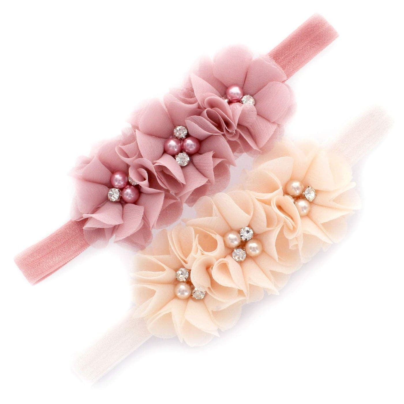 My Lello Girls Flower Headbands Toddler Fabric Beaded Trio Stretchy Elastic Pair Dusty RoseVanilla Cream