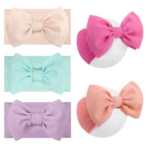 Lanmerry 5Pcs Soft Stretchy Baby Girl Headbands 6 Nylon Hair Bows for Girls Toddler Hair Accessories Newborn Infant Headband Bows
