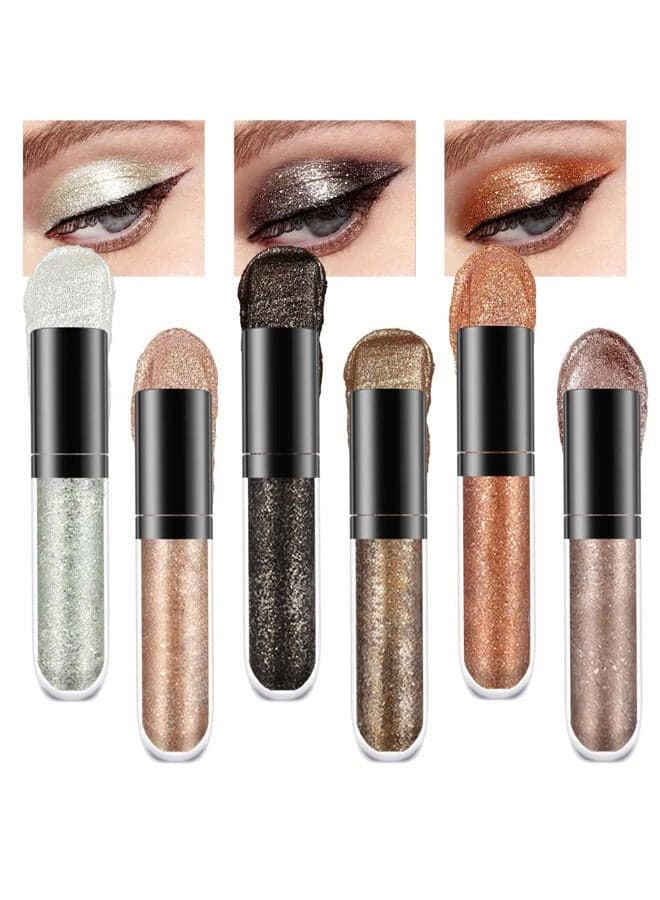 6 Pcs Glitter Eyeshadow Makeup Kit - Black, Champagne, Silver, Gold Shimmer Metallic Eye Shadow - Quick-Drying, Long Lasting Eyeliner for Eyeshadow Palette