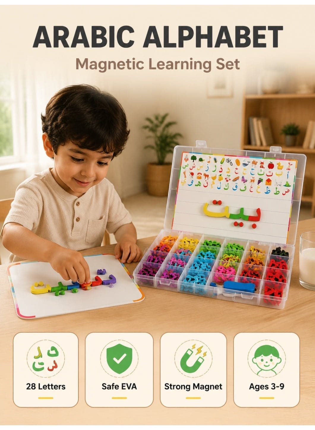 Arabic Coloured Magnetic Letter Learning Set - Preschool educational stickers with strong magnets, suitable for cars/fridges/desks (metallic gold and copper colours). Fun literacy toy for toddlers, includes marker pen and chalkboard eraser. Suitable for children aged 3 years and above.