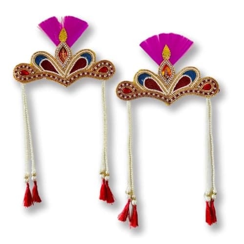 HALDI MEHENDI SHAADI Handcrafted Multicolor Bashing Basikam Mundavalya with decorative beads & pink feather for Bride Groom in Marathi Tamil Telugu & South Indian Hindu wedding (Pack of 2)