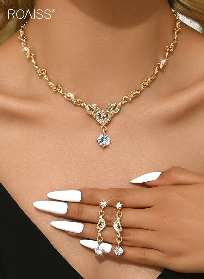 Women's Zircon and Diamond Jewelry Set Ladies Highend Versatile Dress Accessories Bridal Wedding Necklace and Earrings Two-Piece Set for Formal Events Gold