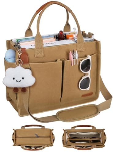 BESBESME Canvas Tote Bag for Women with Zipper, Compartments & Luggage Sleeve, Work and College Crossbody Bag, Adjustable Strap, Laptop Purse for Teacher, Nurse, Travel, Bible Study, Khaki M