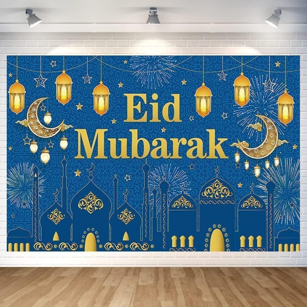 Ramadan Backdrop Decorations Eid Mubarak Banner Blue Polyester 70.8 x 43.3 Inch (1 x backdrop banner for Ramadan, Eid Mubarak)