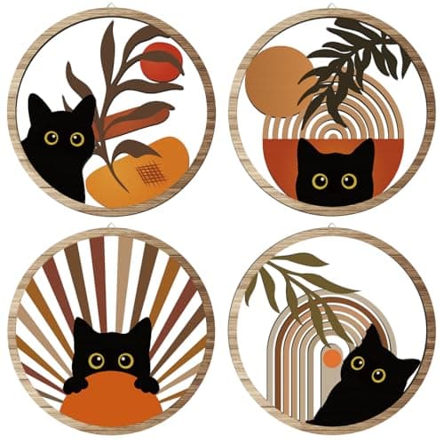 Boho Black Cat Wall Art Black Cat Room Decor Aesthetic, 4-Piece Farmhouse Geometric Wooden Cat Wall Decor Mid-Century Bohemian Moon Sun Design for Nursery, Bedroom Perfect Cat Lover Gifts