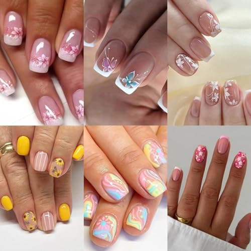 6 Packs (144 Pcs) Press on Nails Square - Short, Medium Press on Nails with Flower Design - French Tip Fake Nails Kit for Women - 12 Sizes-6 Styles