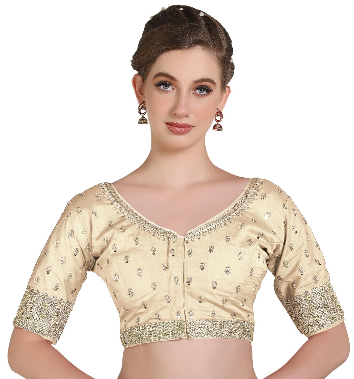 Pujia Mills Women Indian Ethnic Wear Designer Golden Codding with zari Embroidered Diamond Work Round Neck Half Sleeve Readymade Aari Work Saree Blouse Bridal Readymade Blouse Cream for Lehenga Choli