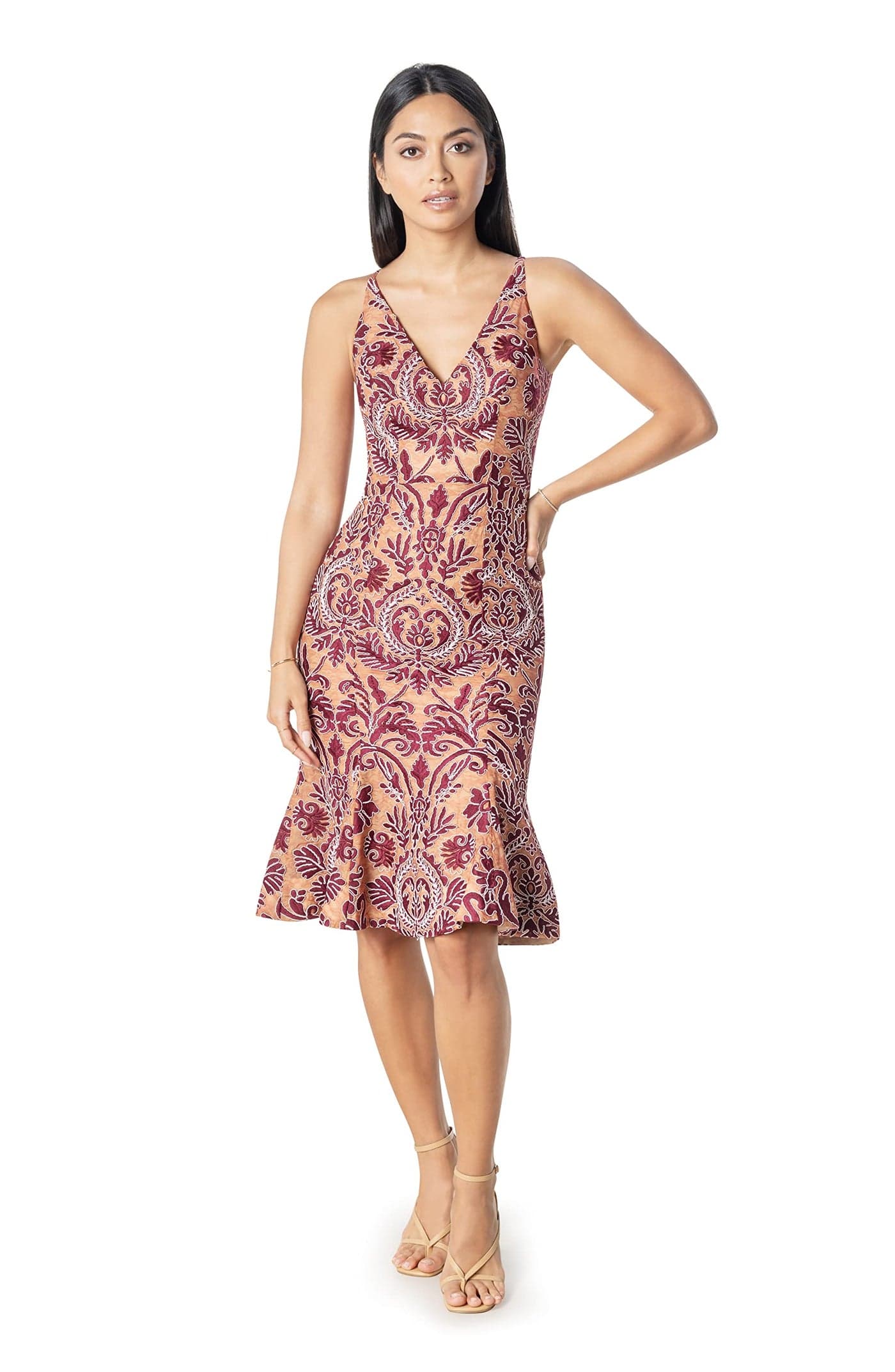 Dress the Population Womens Isabelle VNeck Embroidered Midi Dress Burgundy Multi Medium