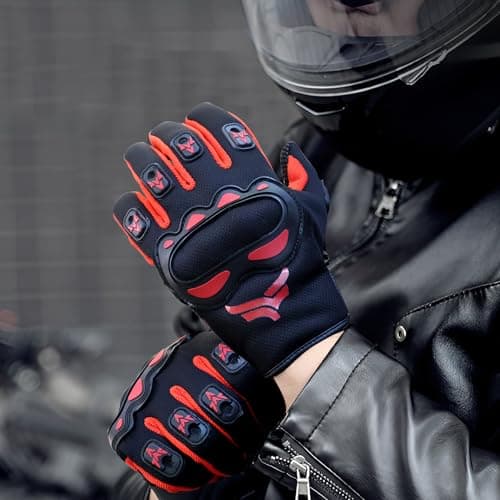 XTRIM Biking Gloves for Men, Full-Finger Length Motorcycle Gloves, Moisture-Absorbent Fabric, Comfortable Fit, Reinforced Knuckles for Impact Protection (S, Black & Red)