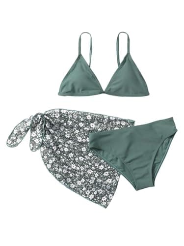 SHENHE Girl's 3 Piece Swimsuit Cute Spaghetti Strap Triangle Bikini with Ditsy Floral Print Cover Up Kid Bathing Suit Green 170