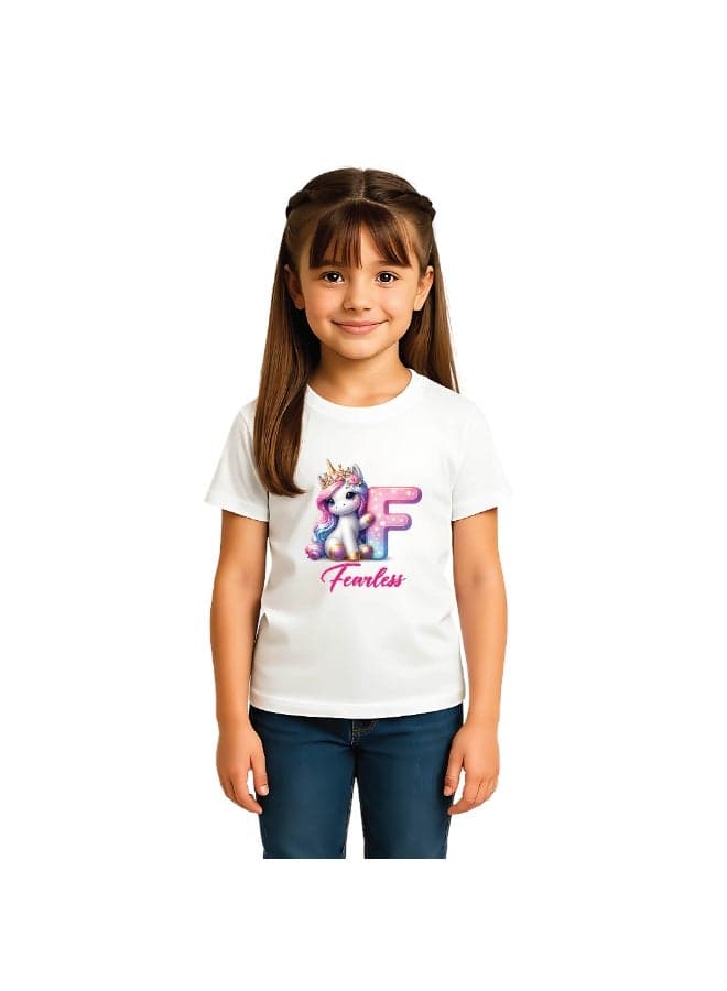 Unicorn Alphabet Girls T-Shirt | Kids Round Neck Short Sleeve | F Letter Design | Cute Pony Theme | Party Wear Outfit | Birthday Celebration Style — 7-8 Years