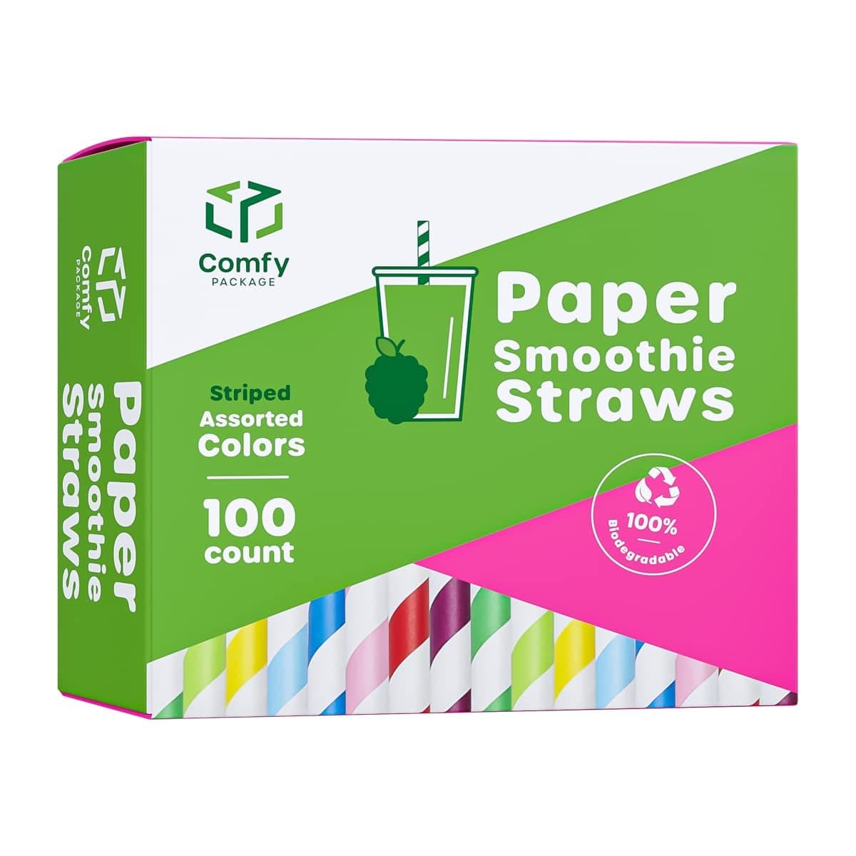 Comfy Package 100 Pack 10 mm Jumbo Striped Paper Smoothie Straws 100 Biodegradable Paper Boba Straws Disposable Milkshake Straws Assorted Colors