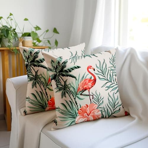 Encasa XO Botanical Spring Throw Pillow Covers | Floral Print Flamingo 20x20 in | Pack of 2 | No Insert | Double Sided Pattern Vintage Look | Spring Outdoor Digital Print Pillowcases