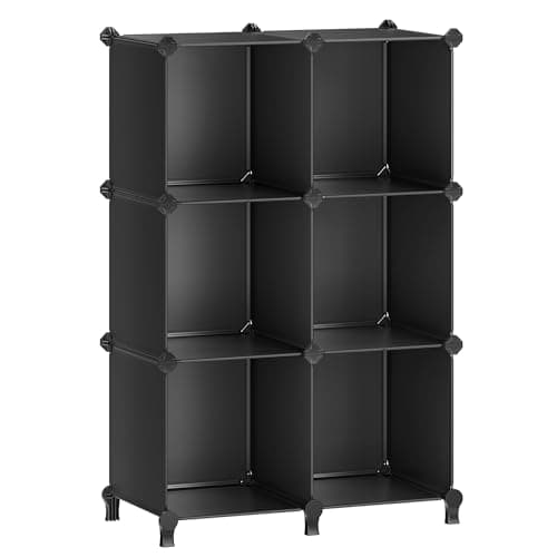 SONGMICS 6 Cube Storage Organizer, Modular Bookshelf, DIY Closet Organizers and Storage, Plastic Stackable Shelves, 11.8 x 11.8 x 11.8 Inch Cubes, with Feet and Rubber Mallet, Black ULPC06H