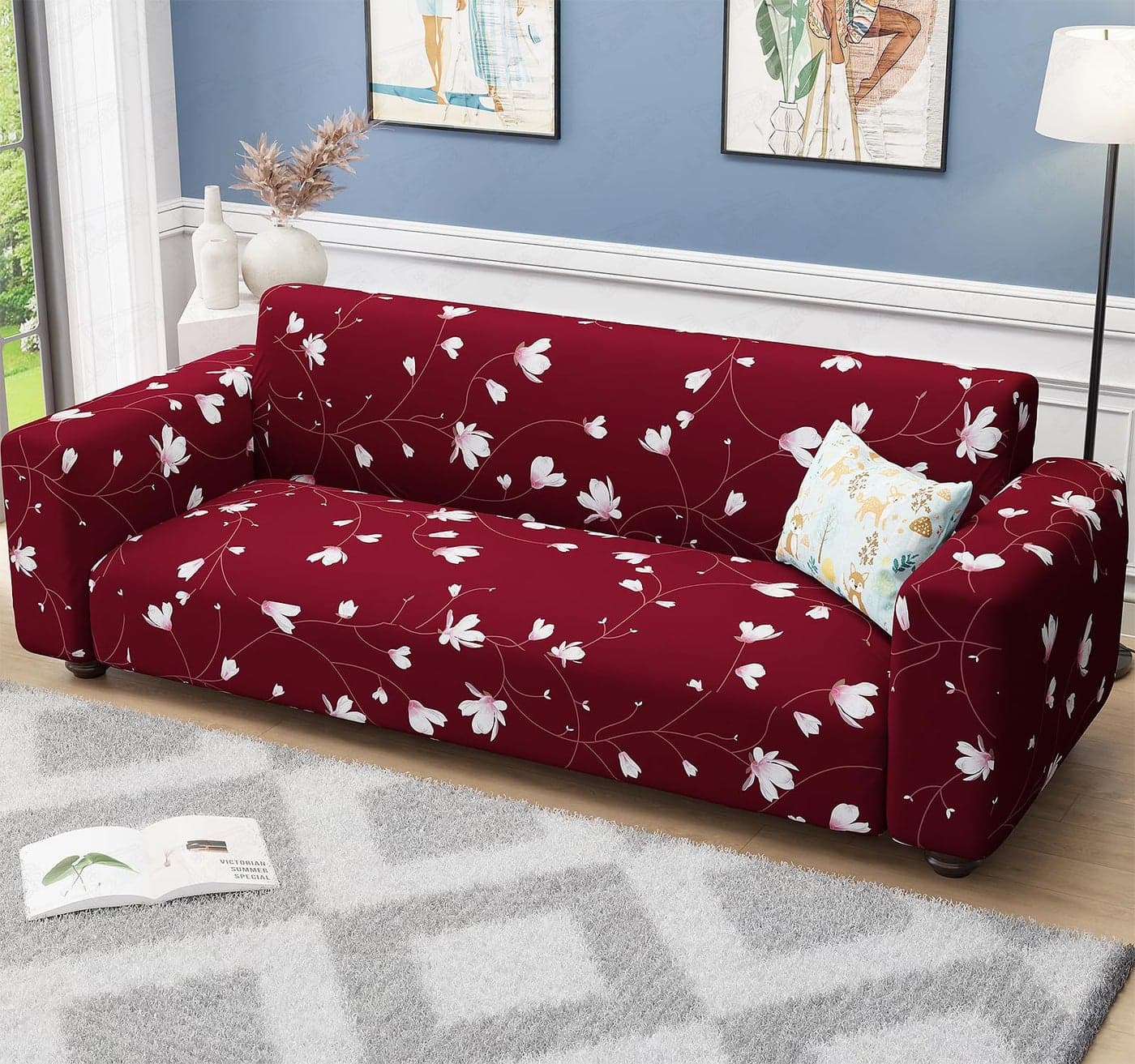 Lukzer 4 Seater Maroon Flower Universal Sofa Cover | 360° Fully Covered Anti-Slip Washable Couch Cover Protector | 140 GSM Stretch Fit Polyester + Spandex Slipcover (230-300cm/SC-009-04)