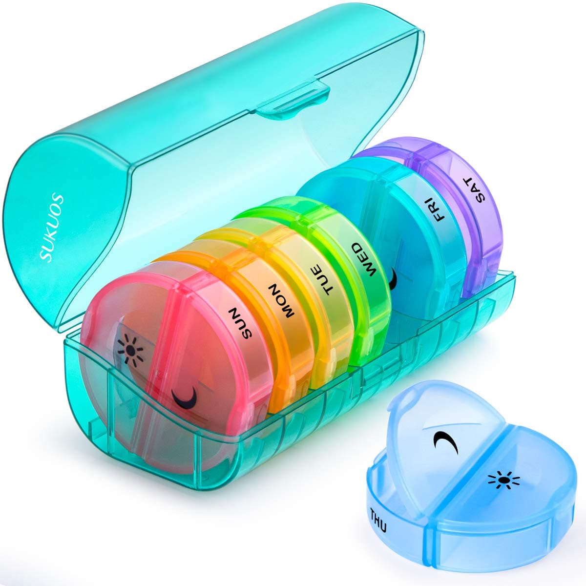 Sukuos Large Weekly Pill Organizer 2 Times a Day Daily Pill Box 7 Day Easy to Open with Double Protection AM PM Pill Case for MedicineVitaminFish OilSupplements Cyan