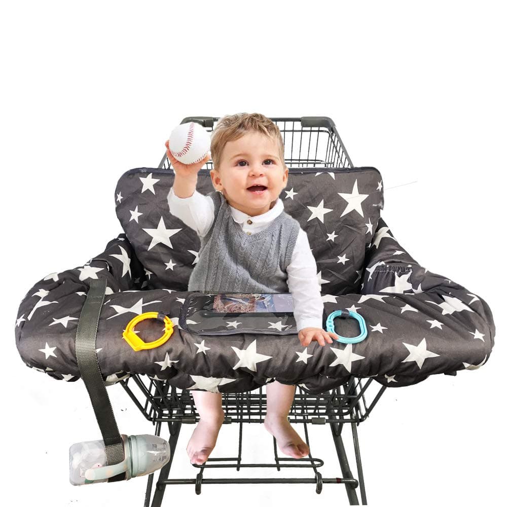 Shopping Cart Cover for Baby, Cotton Sitting Area with Bottle Strap & Cell Phone Holder Toddler 2-in-1 High Chair Cover Summer Grocery Cart Cushion for Boy or Girl, Star Print