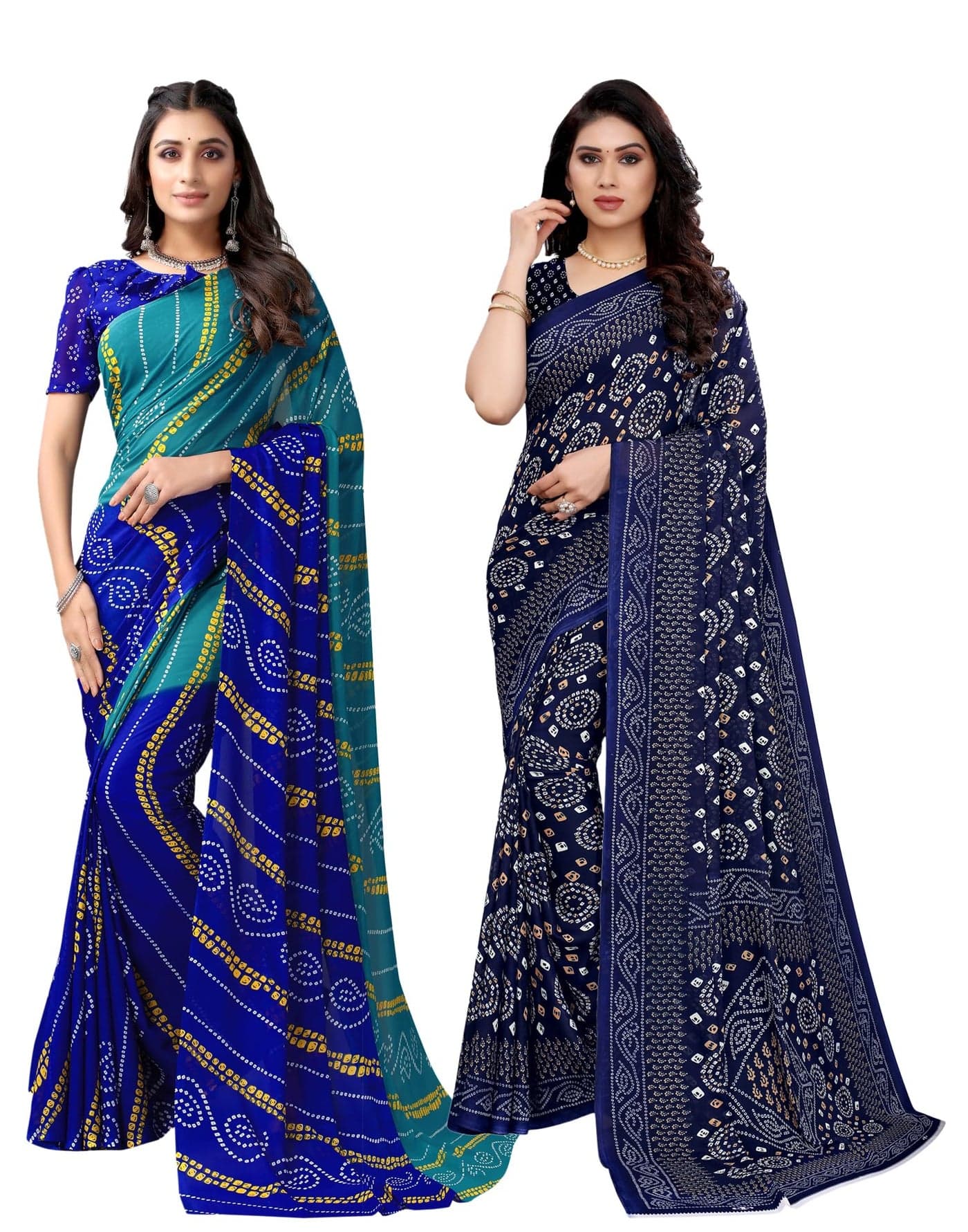 SIRIL Women's Printed Georgette Saree With Blouse Piece Combo Pack of 2 (2351S822_2041S575_Rama & Blue & Navy Blue)