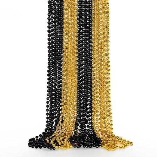 12PCS New Years Eve Bead Necklace Black Gold Bead Costumes Necklace Party Supplies 33 New Years Eve Necklaces Accessory Sets Festival Parade Throw for Mardi Gras Celebrations Decorations